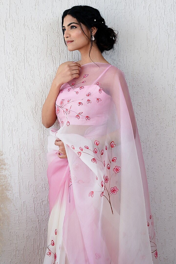Pink & White Pure Organza Floral Hand-Painted Festive Saree Set by Mangalmay By Aastha at Pernia's Pop Up Shop