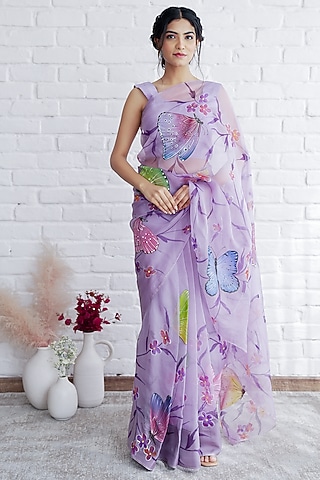 Lilac Organza Hand-Painted Saree Set by Mangalmay By Aastha