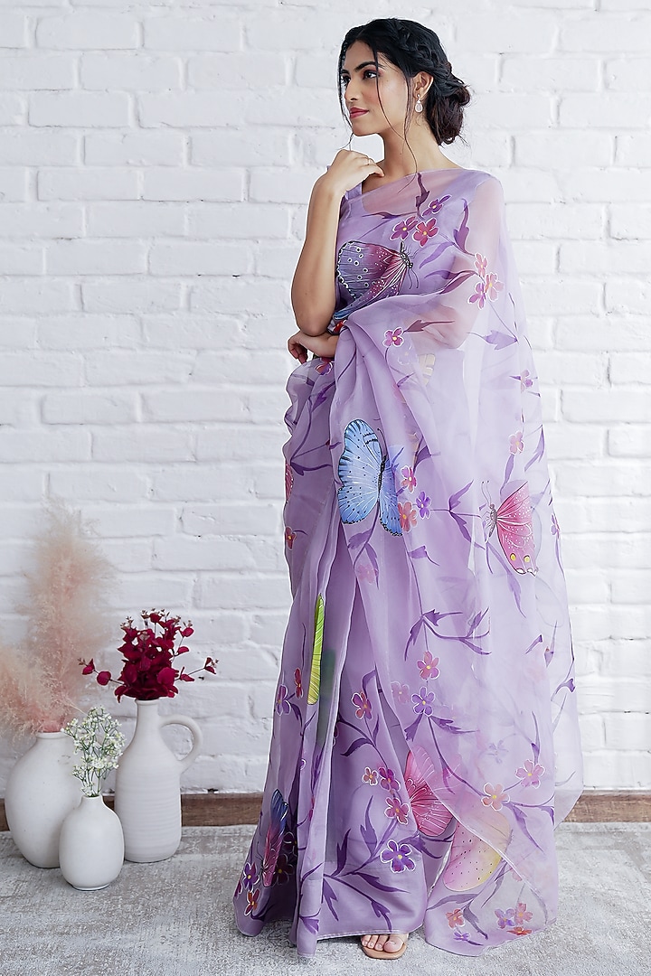 Lilac Organza Hand-Painted Festive Saree Set by Mangalmay By Aastha at Pernia's Pop Up Shop