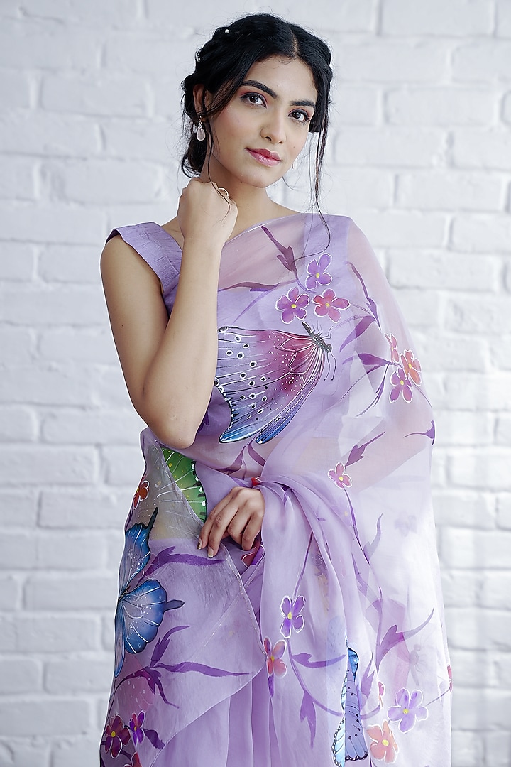 Lilac Organza Hand-Painted Festive Saree Set by Mangalmay By Aastha at Pernia's Pop Up Shop