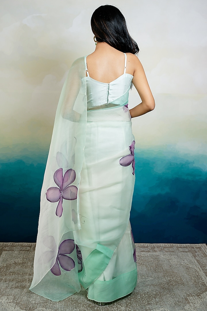 Blue & White Organza Floral Hand-Painted Ombre Festive Saree Set by Mangalmay By Aastha at Pernia's Pop Up Shop