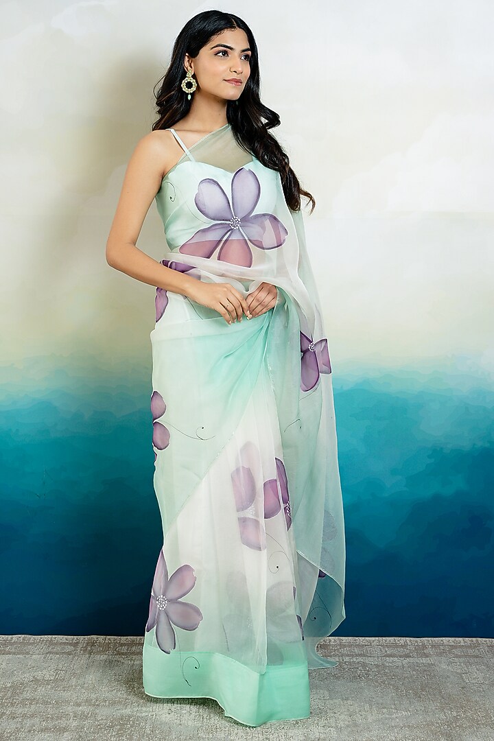 Blue & White Organza Floral Hand-Painted Ombre Festive Saree Set by Mangalmay By Aastha at Pernia's Pop Up Shop