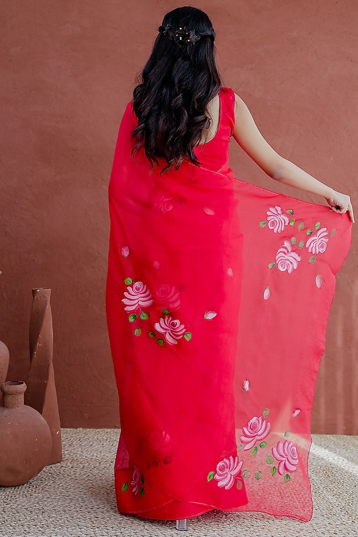 Red Organza Floral Hand-Painted Festive Saree Set by Mangalmay By Aastha at Pernia's Pop Up Shop