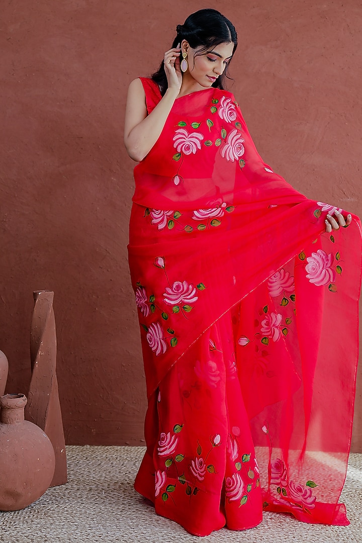 Red Organza Floral Hand-Painted Festive Saree Set by Mangalmay By Aastha at Pernia's Pop Up Shop