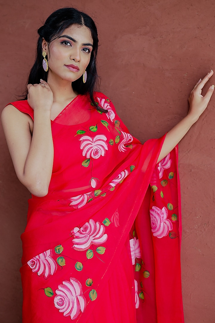Red Organza Floral Hand-Painted Festive Saree Set by Mangalmay By Aastha at Pernia's Pop Up Shop