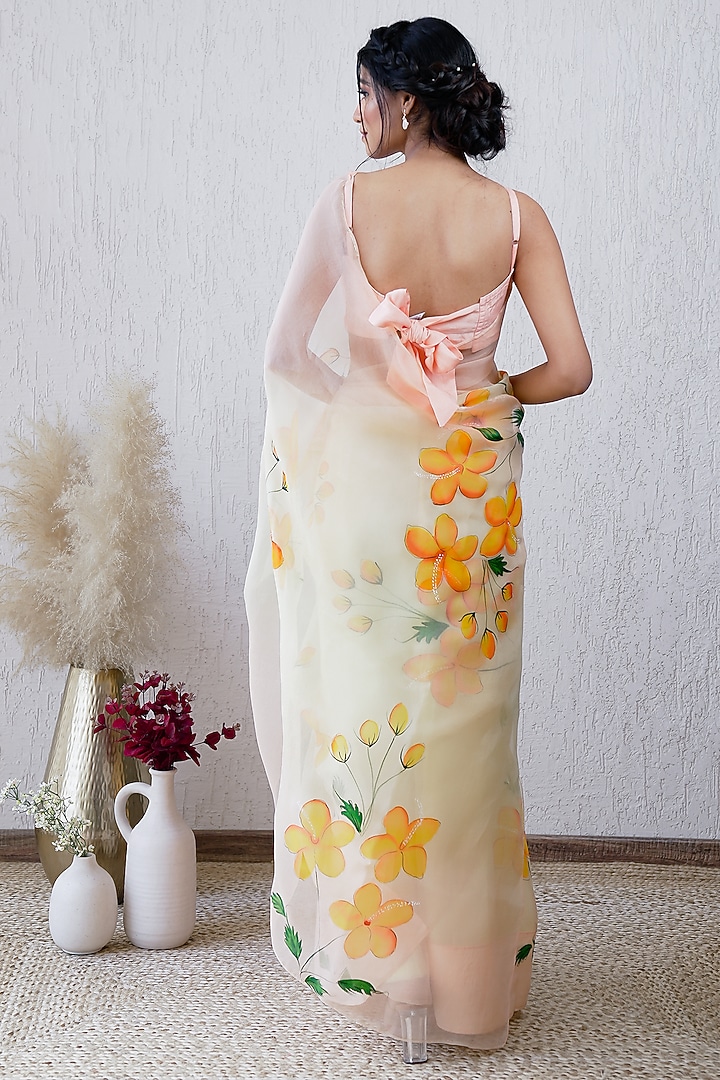 Yellow & Peach Organza Floral Hand-Painted Ombre Festive Saree Set by Mangalmay By Aastha at Pernia's Pop Up Shop