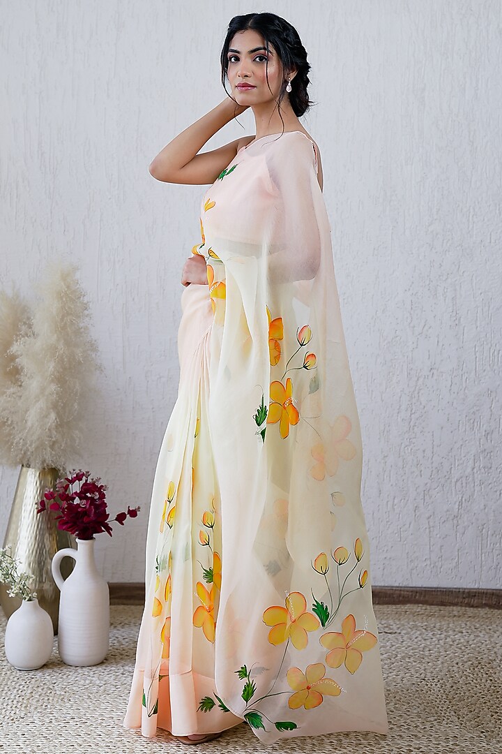 Yellow & Peach Organza Floral Hand-Painted Ombre Festive Saree Set by Mangalmay By Aastha at Pernia's Pop Up Shop
