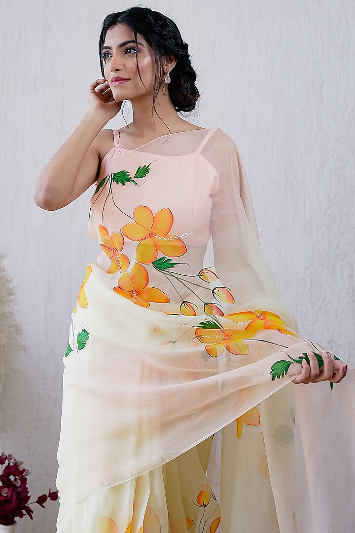 Yellow & Peach Organza Floral Hand-Painted Ombre Festive Saree Set by Mangalmay By Aastha at Pernia's Pop Up Shop