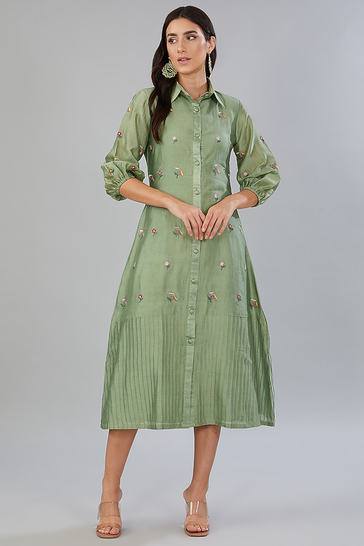 Green Chanderi Silk Thread Embroidered Summer Dress by Mangalmay By Aastha at Pernia's Pop Up Shop