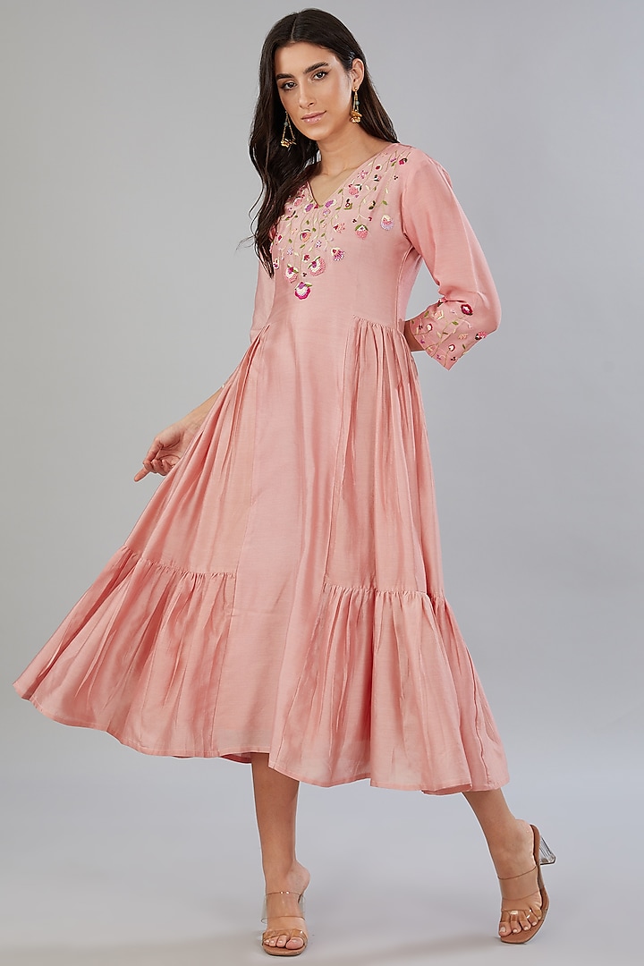 Peach Chanderi Silk Zardosi Embroidered Dress by Mangalmay By Aastha