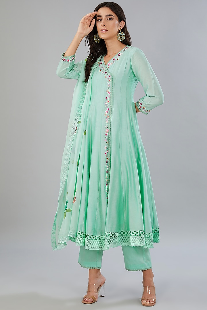 Turquoise Pure Chanderi Silk Hand Embroidered Anarkali Set by Mangalmay By Aastha