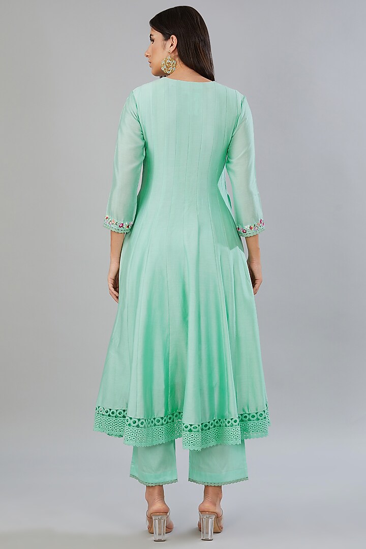 Turquoise Pure Chanderi Silk Hand Embroidered Anarkali Set by Mangalmay By Aastha at Pernia's Pop Up Shop