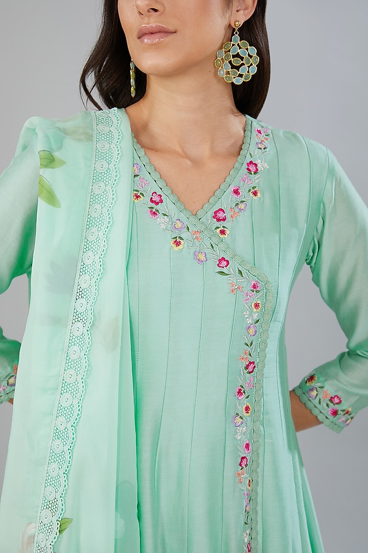 Turquoise Pure Chanderi Silk Hand Embroidered Anarkali Set by Mangalmay By Aastha at Pernia's Pop Up Shop