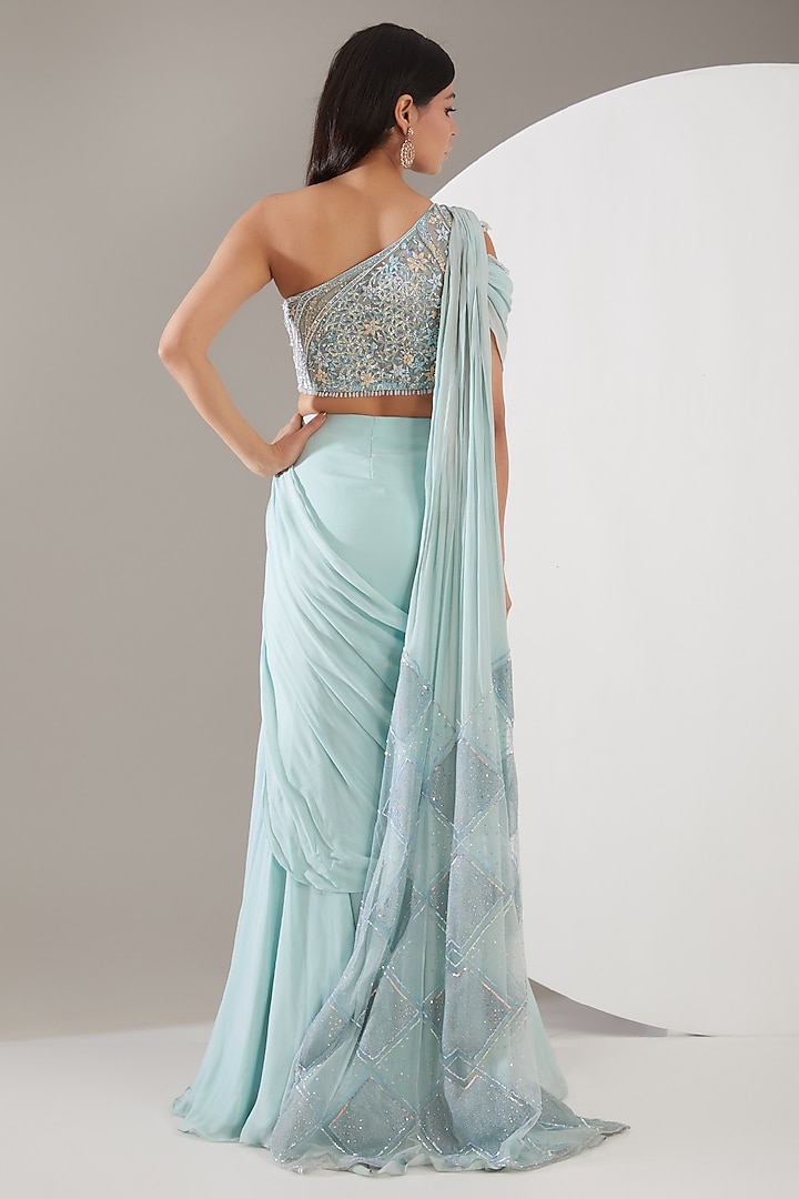 Uranian Blue Silk Crepe Machine & Hand Embroidered Concept Wedding Saree Set by Mansi Malhotra at Pernia's Pop Up Shop