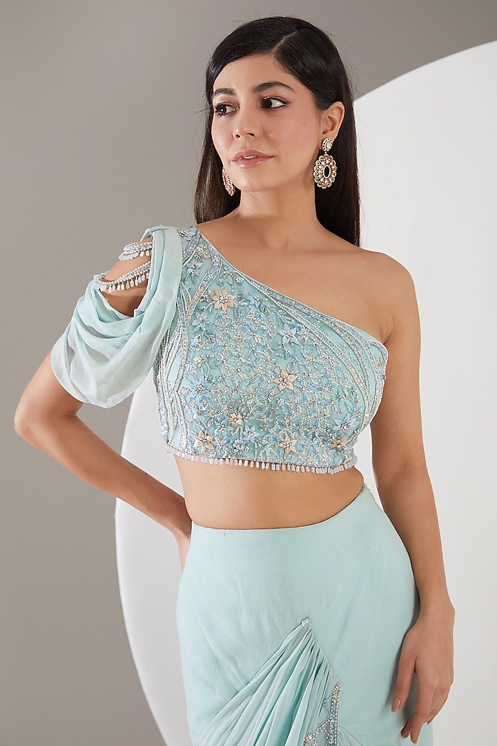 Uranian Blue Silk Crepe Machine & Hand Embroidered Concept Wedding Saree Set by Mansi Malhotra at Pernia's Pop Up Shop