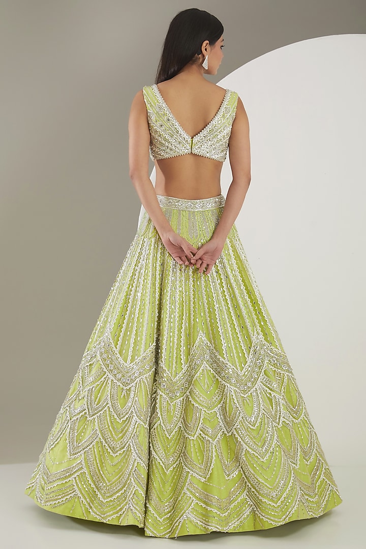 Key Lime Satin Silk Hand Embellished Bridal Lehenga Set by Mansi Malhotra at Pernia's Pop Up Shop