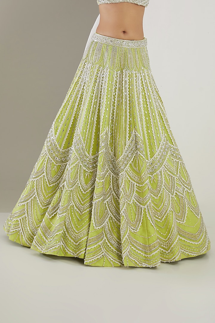Key Lime Satin Silk Hand Embellished Bridal Lehenga Set by Mansi Malhotra at Pernia's Pop Up Shop