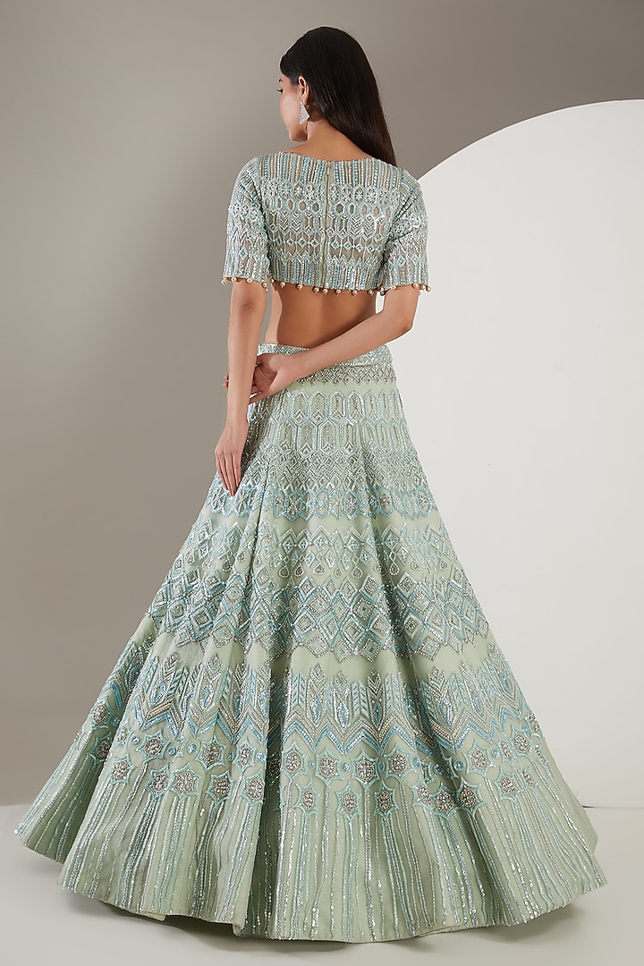 Seafoam Mint Net & Silk Hand Embroidered Bridal Lehenga Set by Mansi Malhotra at Pernia's Pop Up Shop