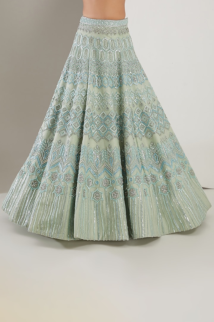Seafoam Mint Net & Silk Hand Embroidered Bridal Lehenga Set by Mansi Malhotra at Pernia's Pop Up Shop