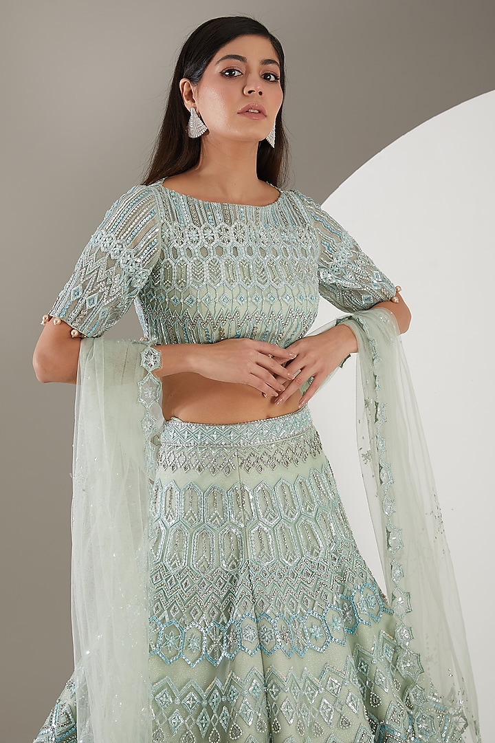 Seafoam Mint Net & Silk Hand Embroidered Bridal Lehenga Set by Mansi Malhotra at Pernia's Pop Up Shop