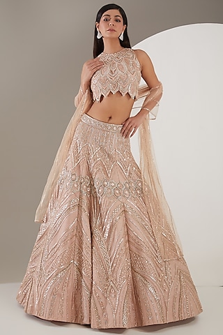 Pink Champagne Shimmer Tulle Hand Embroidered Lehenga Set by Mansi Malhotra