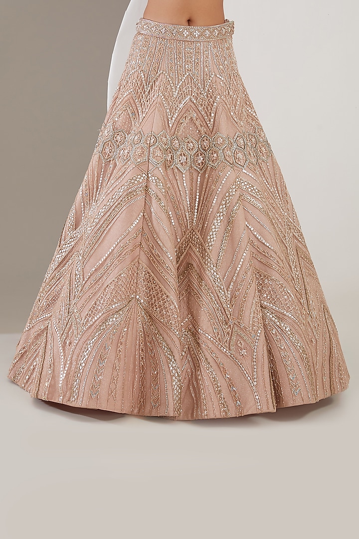 Pink Champagne Shimmer Tulle Hand Embroidered Bridal Lehenga Set by Mansi Malhotra at Pernia's Pop Up Shop