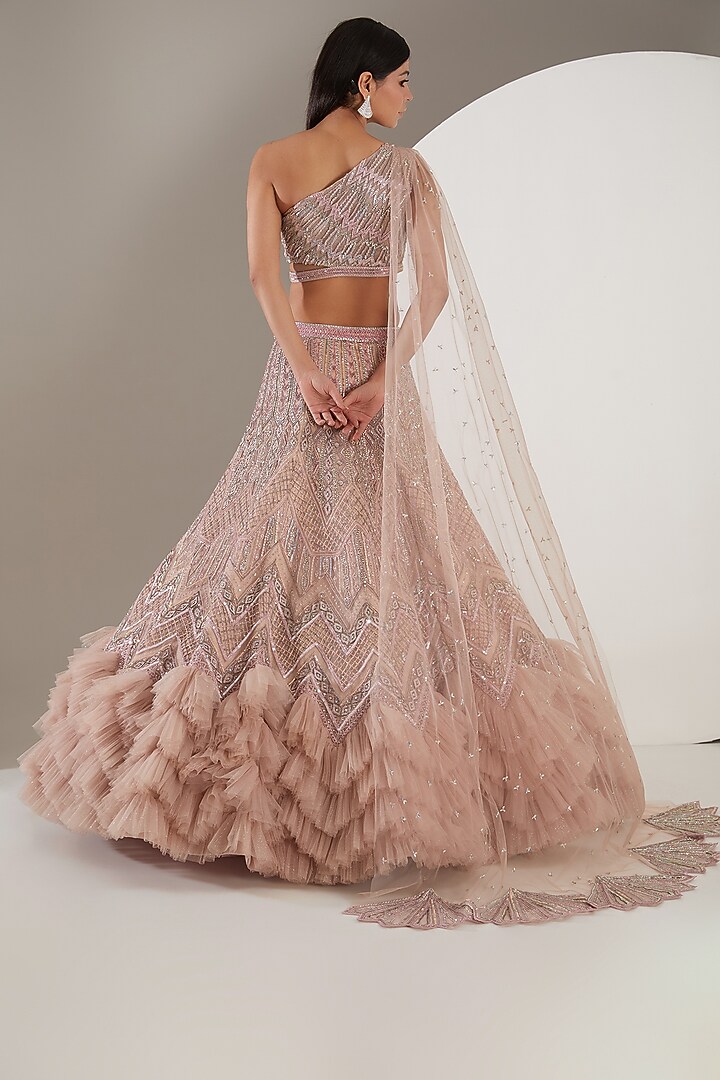 Rose Quartz Pink Tulle Hand Embroidered Bridal Lehenga Set by Mansi Malhotra at Pernia's Pop Up Shop