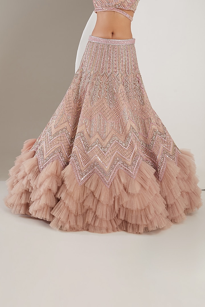 Rose Quartz Pink Tulle Hand Embroidered Bridal Lehenga Set by Mansi Malhotra at Pernia's Pop Up Shop