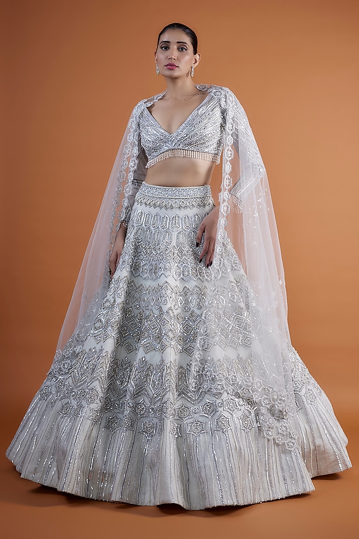 Silver Shimmer Net & Silk Pearl Hand Embellished Lehenga Set by Mansi Malhotra