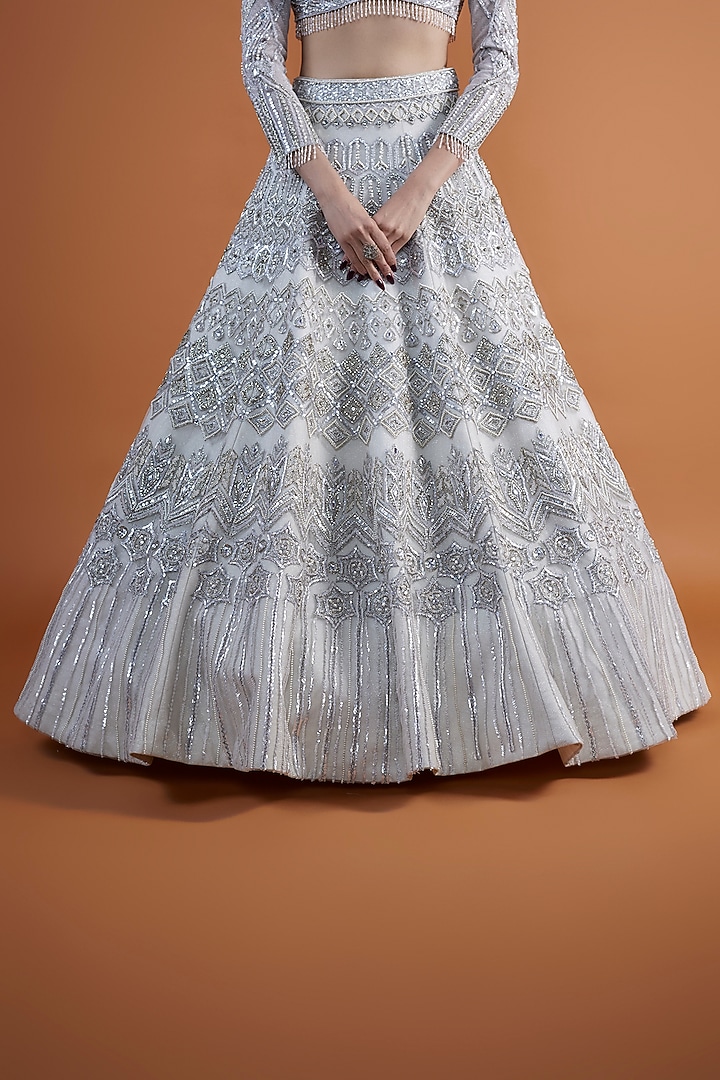 Silver Shimmer Net & Silk Pearl Hand Embellished Bridal Lehenga Set by Mansi Malhotra at Pernia's Pop Up Shop