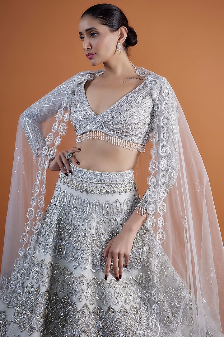 Silver Shimmer Net & Silk Pearl Hand Embellished Bridal Lehenga Set by Mansi Malhotra at Pernia's Pop Up Shop