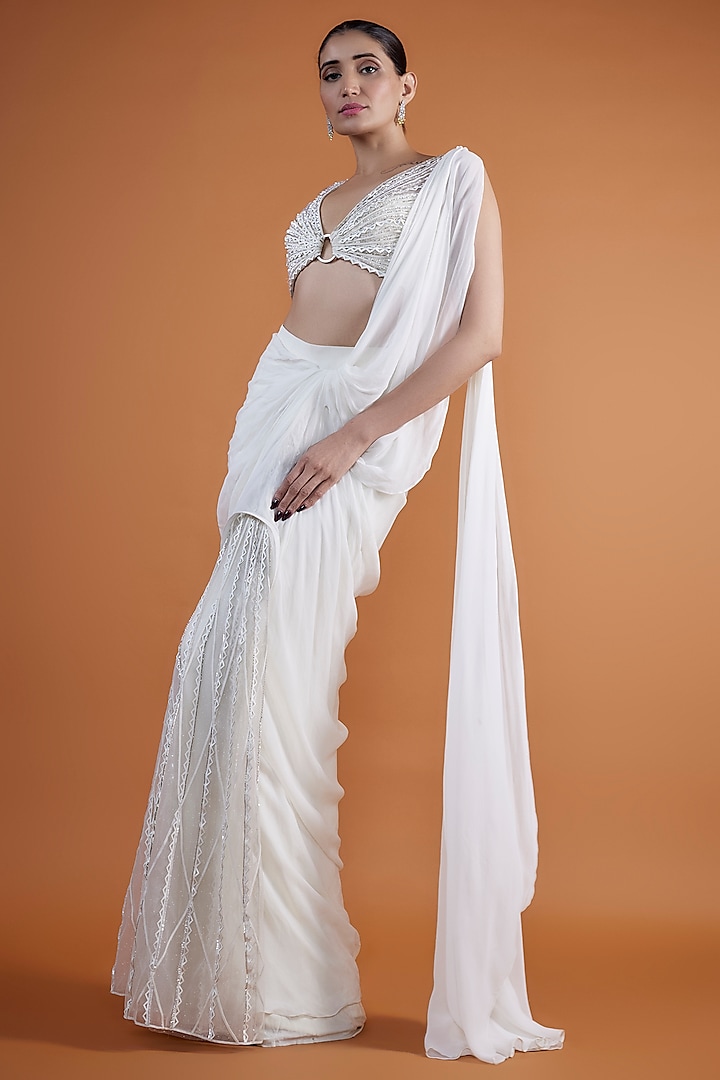 Snow-White Georgette Pre-Stitched Concept Saree Set by Mansi Malhotra