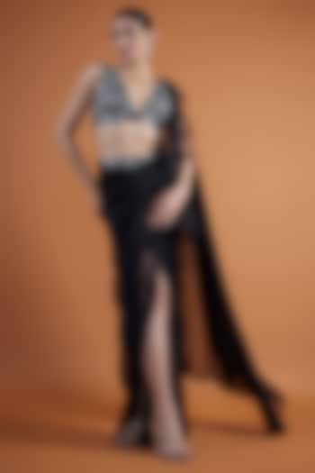 Black Shimmer Tulle Concept Saree Set by Mansi Malhotra