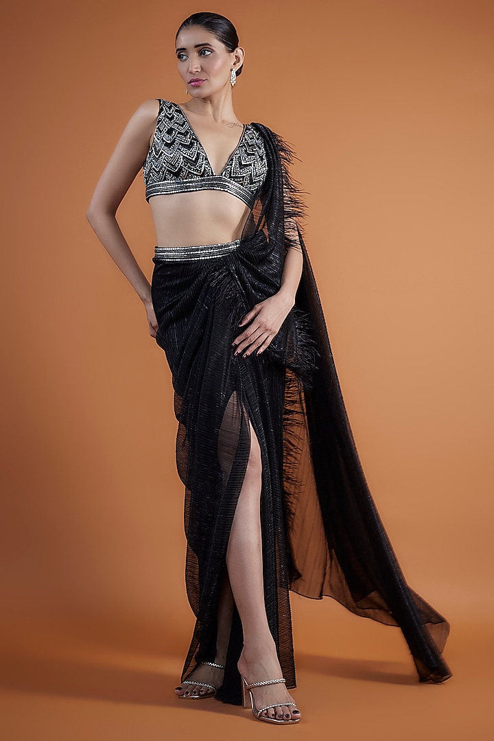 Black Shimmer Tulle Concept Saree Set by Mansi Malhotra