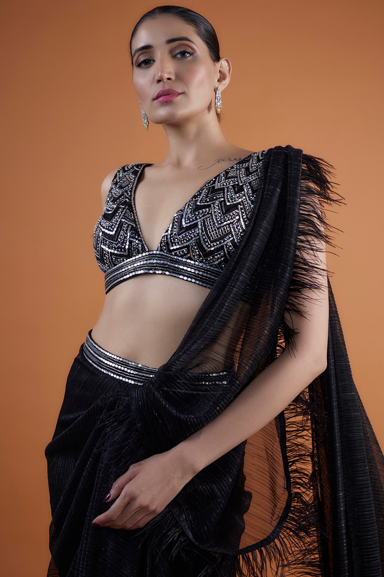 Step out in style with saree, Black shimmer saree, boat neck blouse-dmv9822