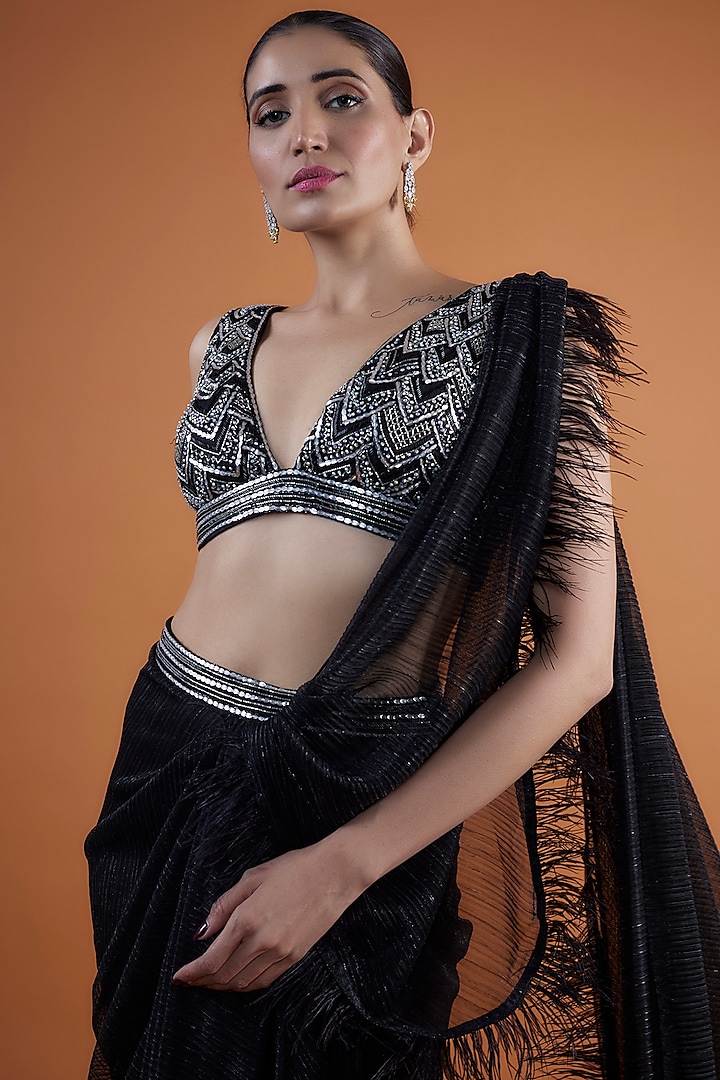 Black Shimmer Tulle Concept Wedding Saree Set by Mansi Malhotra at Pernia's Pop Up Shop