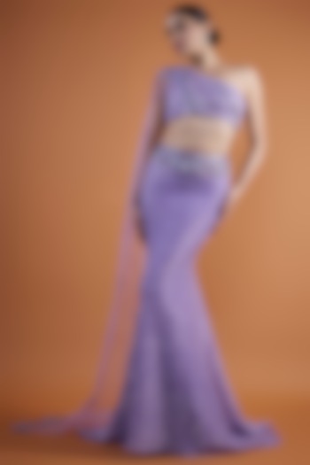 Wisteria Purple Sequins Georgette & Net Embroidered Skirt Set by Mansi Malhotra