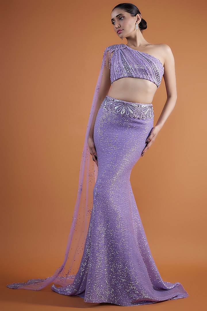 Wisteria Purple Sequins Georgette & Net Embroidered Skirt Set by Mansi Malhotra