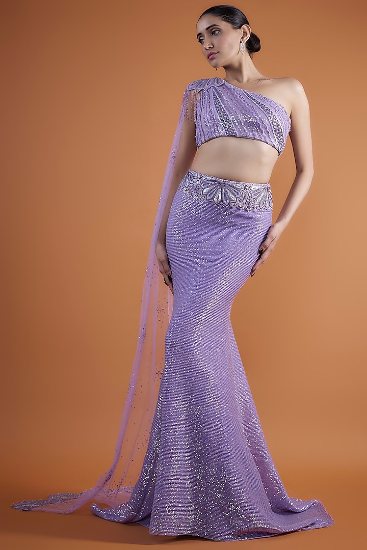 Wisteria Purple Sequins Georgette & Net Embroidered Skirt Set by Mansi Malhotra at Pernia's Pop Up Shop