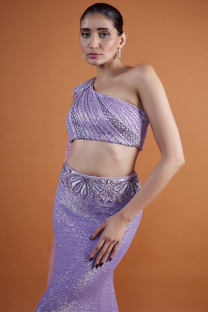 Wisteria Purple Sequins Georgette & Net Embroidered Skirt Set by Mansi Malhotra at Pernia's Pop Up Shop