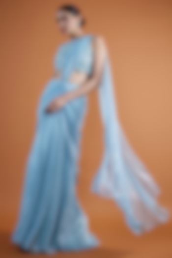 Cerulean Blue Tulle Concept Saree Set by Mansi Malhotra