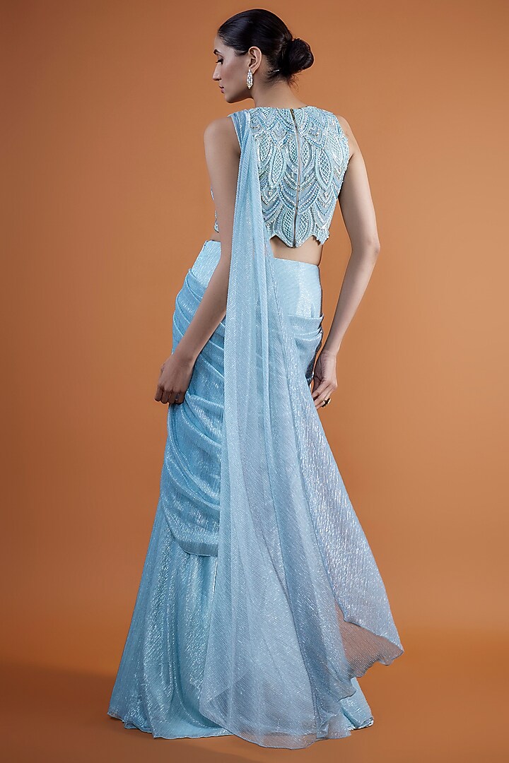 Cerulean Blue Tulle Concept Reception Saree Set by Mansi Malhotra at Pernia's Pop Up Shop