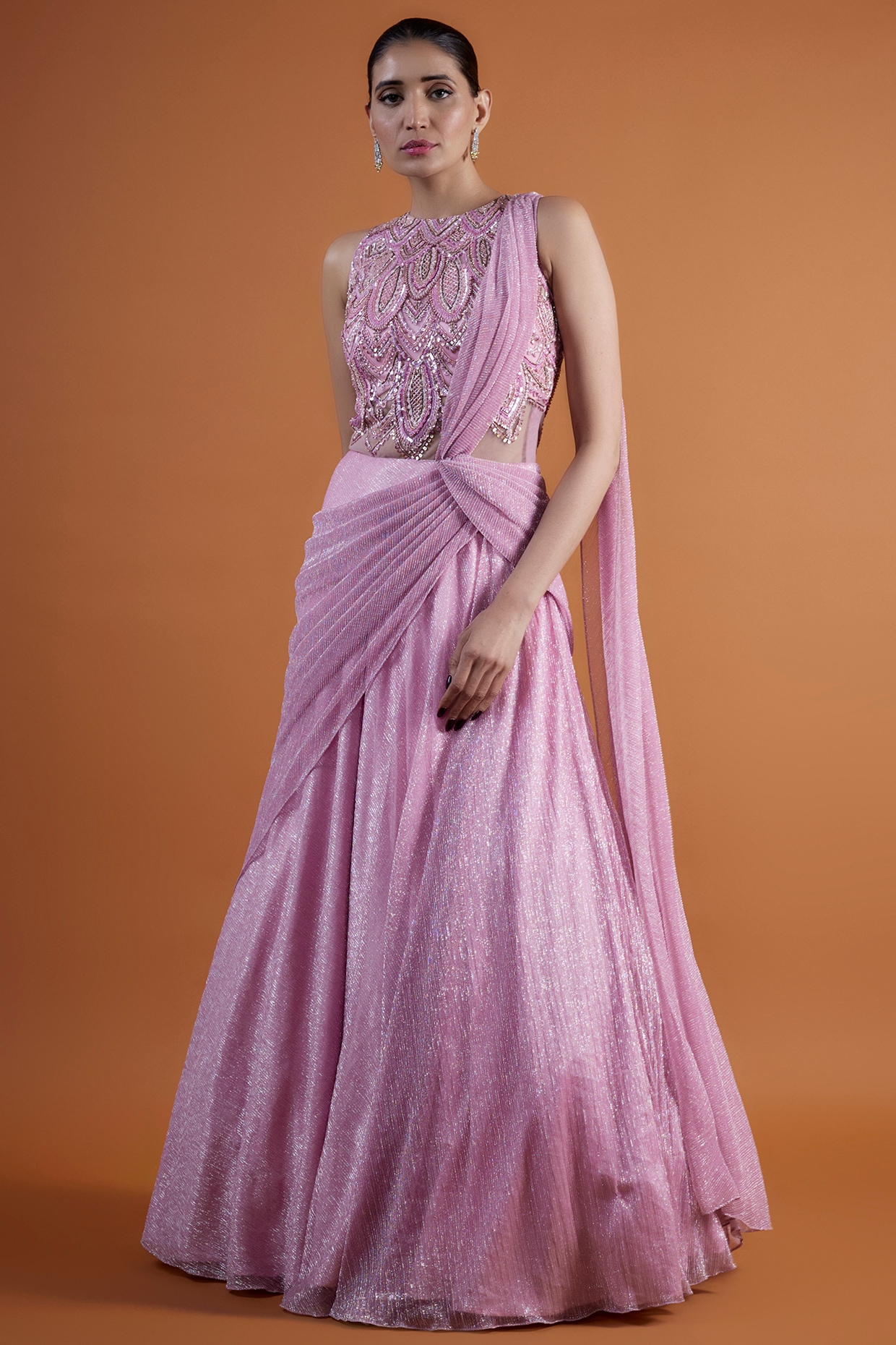 Lilac Net & Satin Crepe Embroidered Gown Saree Design by Adaara Couture at  Pernia's Pop Up Shop 2024