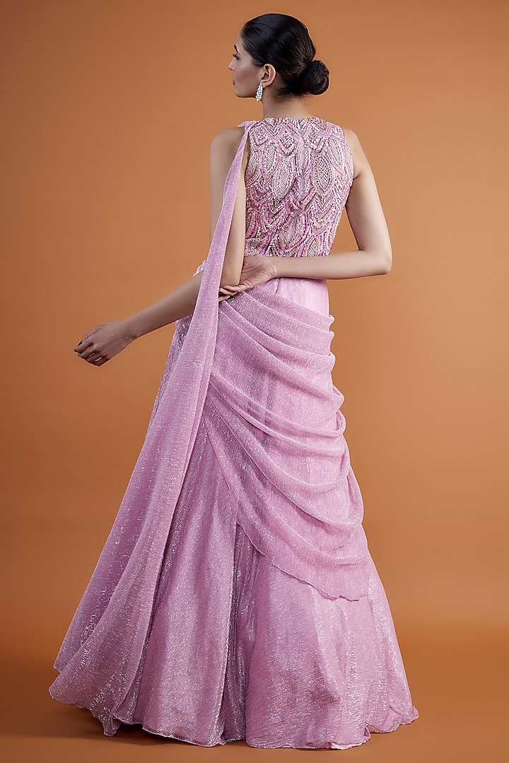 Crystal Pink Tulle Hand Embroidered Reception Gown Saree by Mansi Malhotra at Pernia's Pop Up Shop