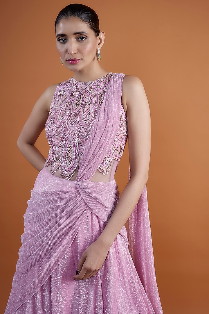 Crystal Pink Tulle Hand Embroidered Reception Gown Saree by Mansi Malhotra at Pernia's Pop Up Shop
