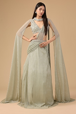 Grey Shimmer Tulle & Net Hand Embroidered Concept Lehenga Saree Set by Mansi Malhotra