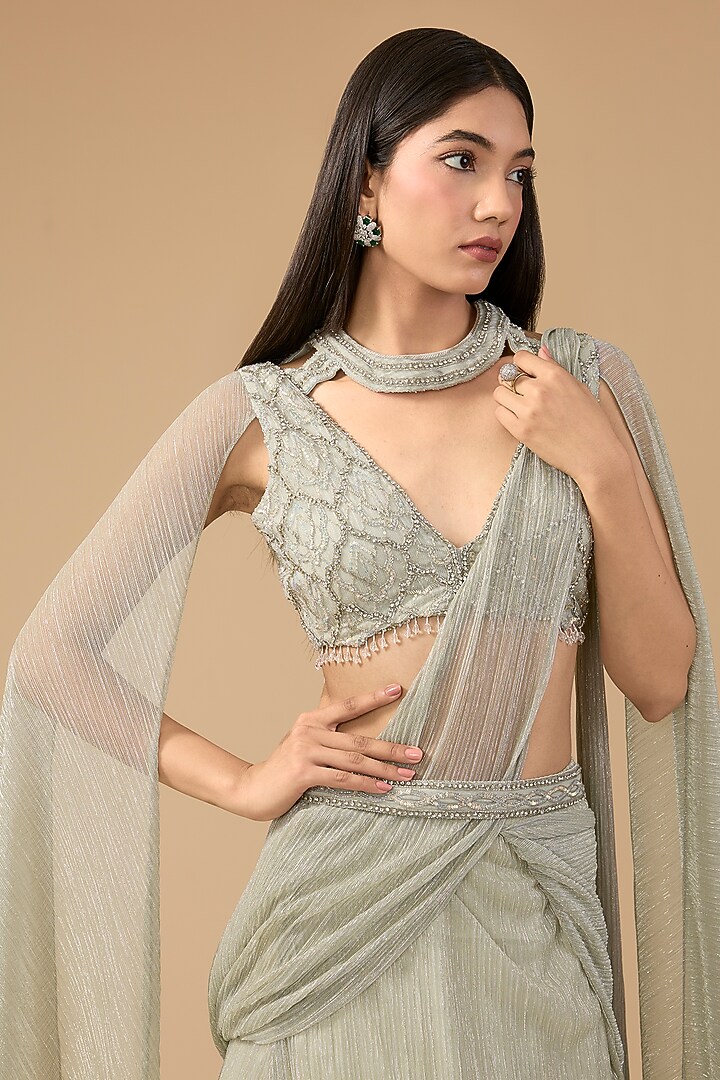 Grey Shimmer Tulle & Net Hand Embroidered Concept Reception Lehenga Saree Set by Mansi Malhotra at Pernia's Pop Up Shop