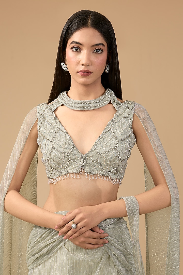 Grey Shimmer Tulle & Net Hand Embroidered Concept Reception Lehenga Saree Set by Mansi Malhotra at Pernia's Pop Up Shop