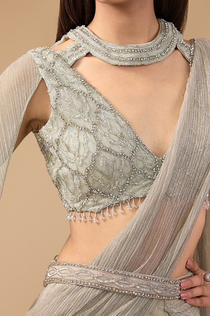 Grey Shimmer Tulle & Net Hand Embroidered Concept Reception Lehenga Saree Set by Mansi Malhotra at Pernia's Pop Up Shop