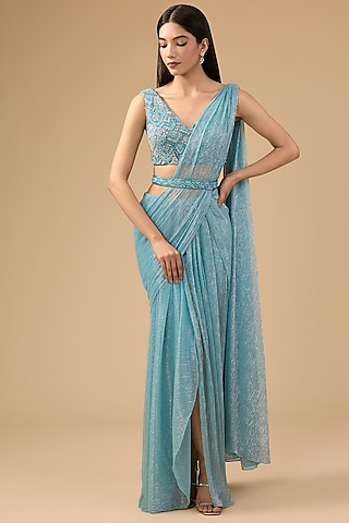 Sky Blue Shimmer Tulle & Net Hand Embroidered Concept Drape Saree Set by Mansi Malhotra